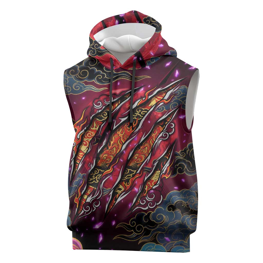 Inuyasha Demon Slayer Warrior Sleeveless Hoodie Japanese Tattoo Art Style with Fiery Claw Marks