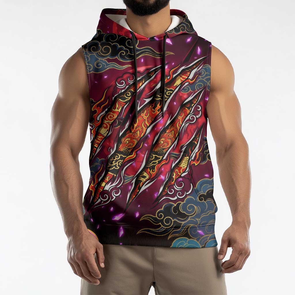 Inuyasha Demon Slayer Warrior Sleeveless Hoodie Japanese Tattoo Art Style with Fiery Claw Marks