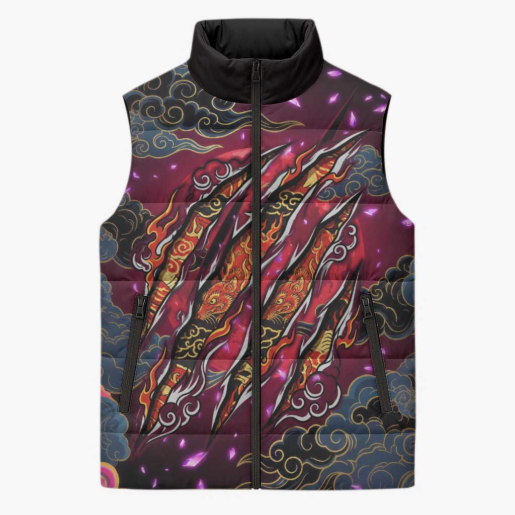 Inuyasha Demon Slayer Warrior Sleeveless Puffer Jacket Japanese Tattoo Art Style with Fiery Claw Marks