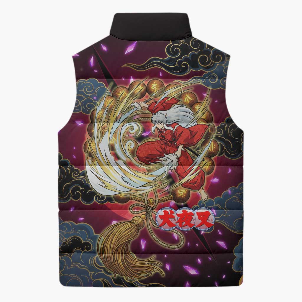 Inuyasha Demon Slayer Warrior Sleeveless Puffer Jacket Japanese Tattoo Art Style with Fiery Claw Marks
