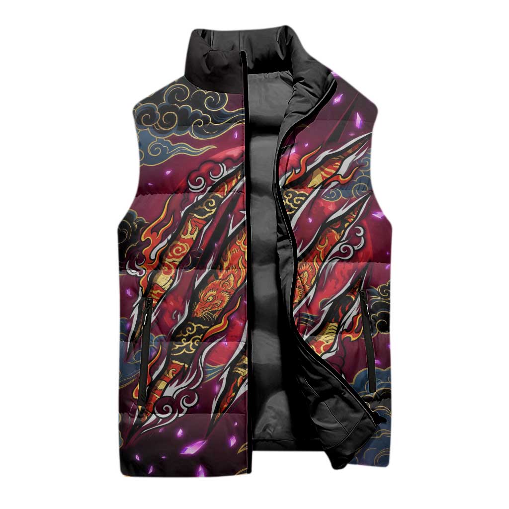 Inuyasha Demon Slayer Warrior Sleeveless Puffer Jacket Japanese Tattoo Art Style with Fiery Claw Marks