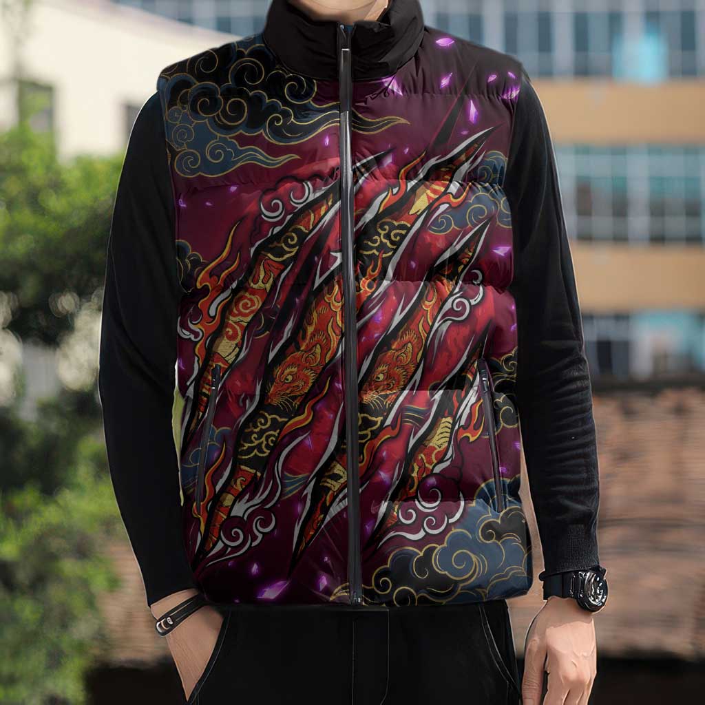 Inuyasha Demon Slayer Warrior Sleeveless Puffer Jacket Japanese Tattoo Art Style with Fiery Claw Marks