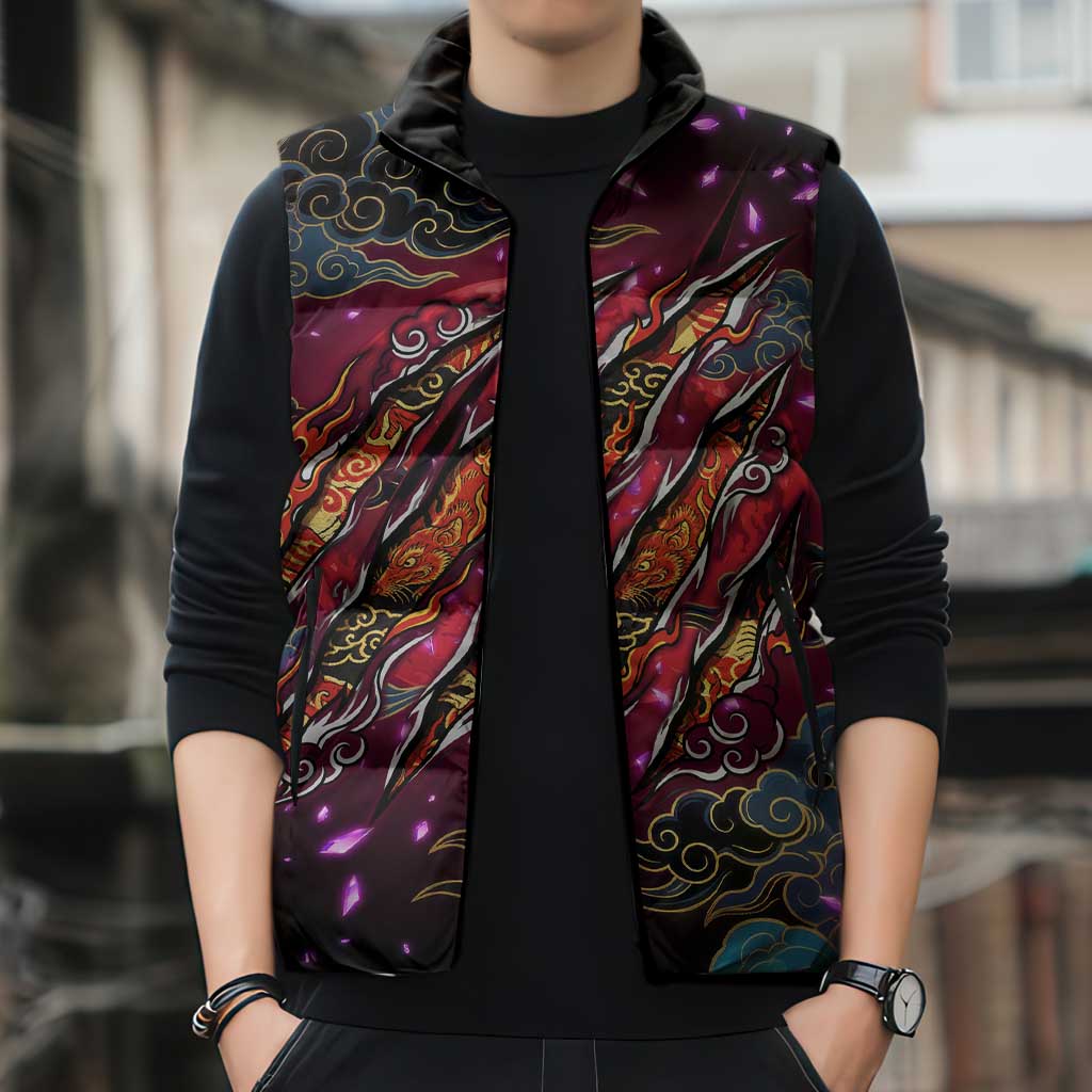 Inuyasha Demon Slayer Warrior Sleeveless Puffer Jacket Japanese Tattoo Art Style with Fiery Claw Marks