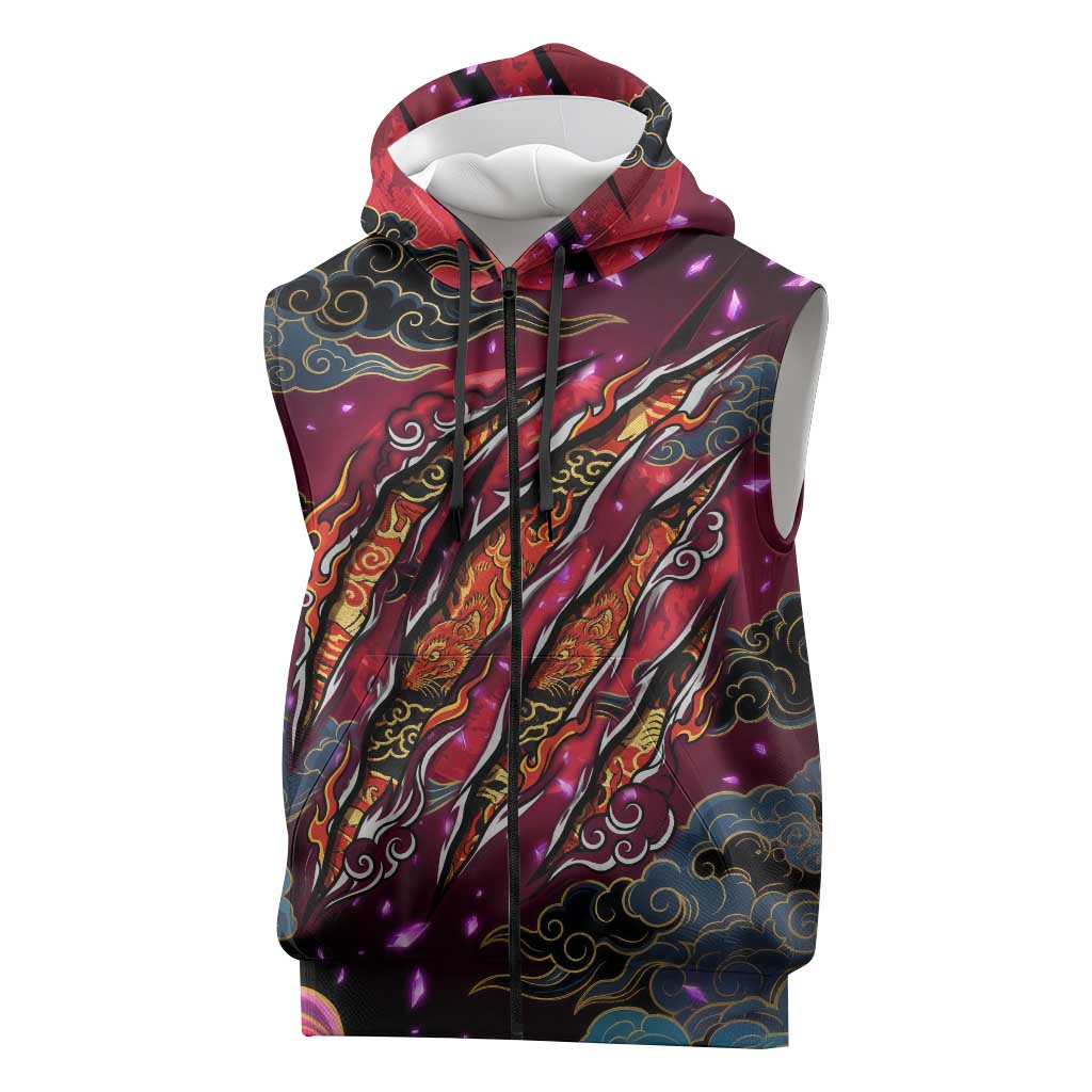 Inuyasha Demon Slayer Warrior Sleeveless Zip Hoodie Japanese Tattoo Art Style with Fiery Claw Marks
