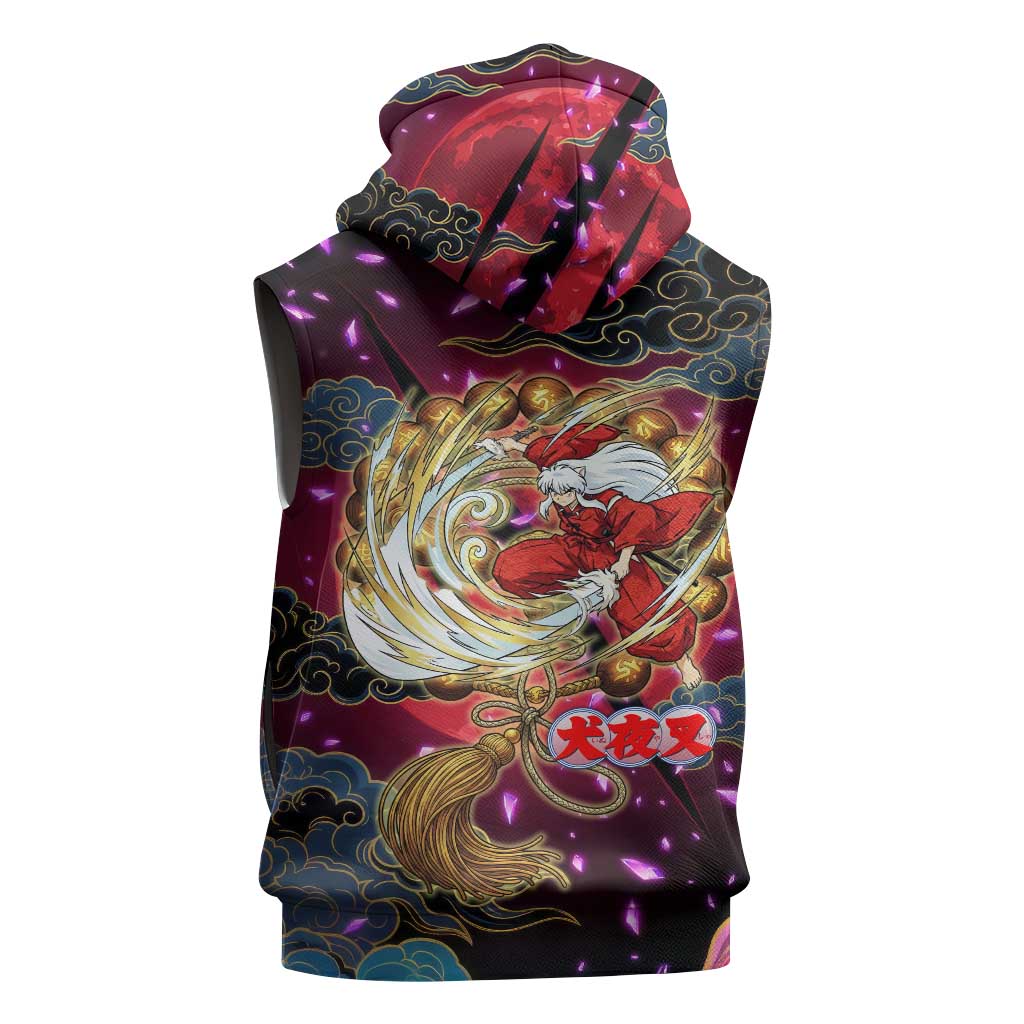 Inuyasha Demon Slayer Warrior Sleeveless Zip Hoodie Japanese Tattoo Art Style with Fiery Claw Marks