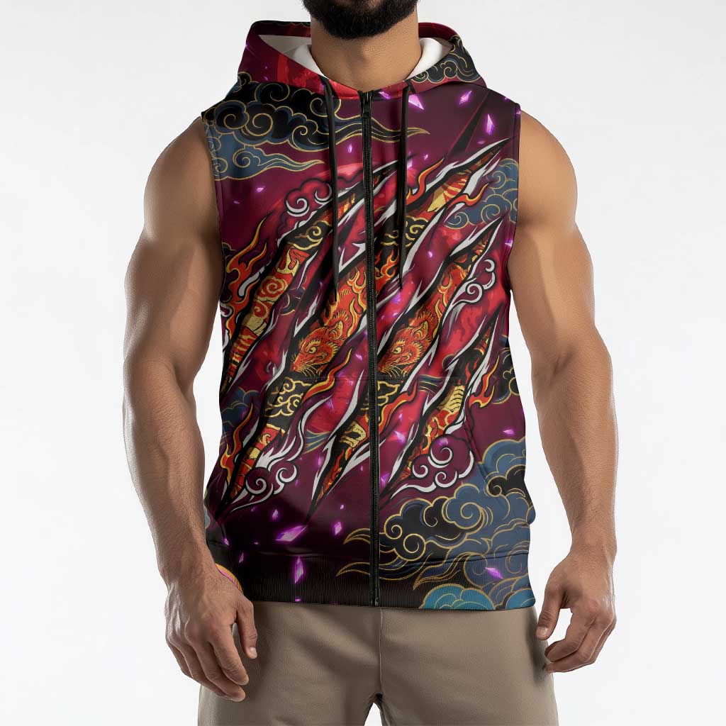 Inuyasha Demon Slayer Warrior Sleeveless Zip Hoodie Japanese Tattoo Art Style with Fiery Claw Marks