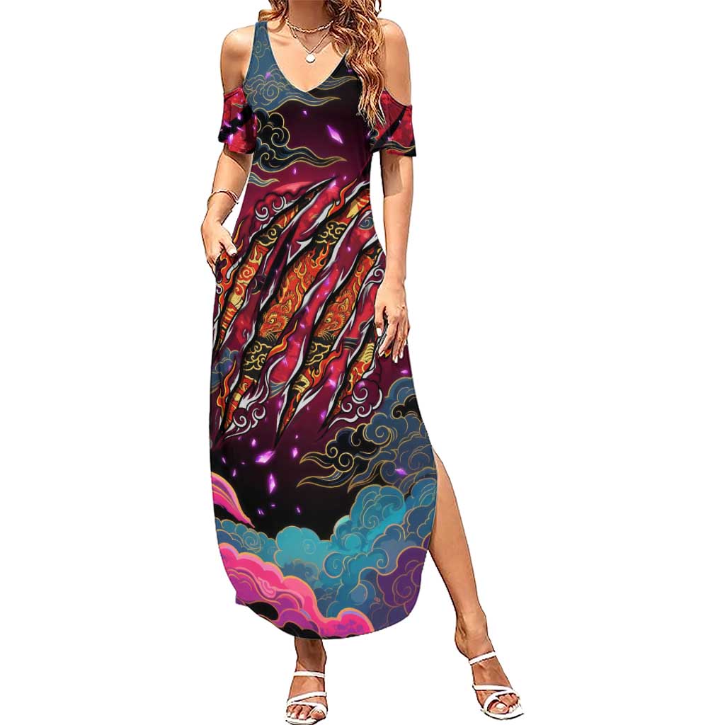 Inuyasha Demon Slayer Warrior Summer Maxi Dress Japanese Tattoo Art Style with Fiery Claw Marks