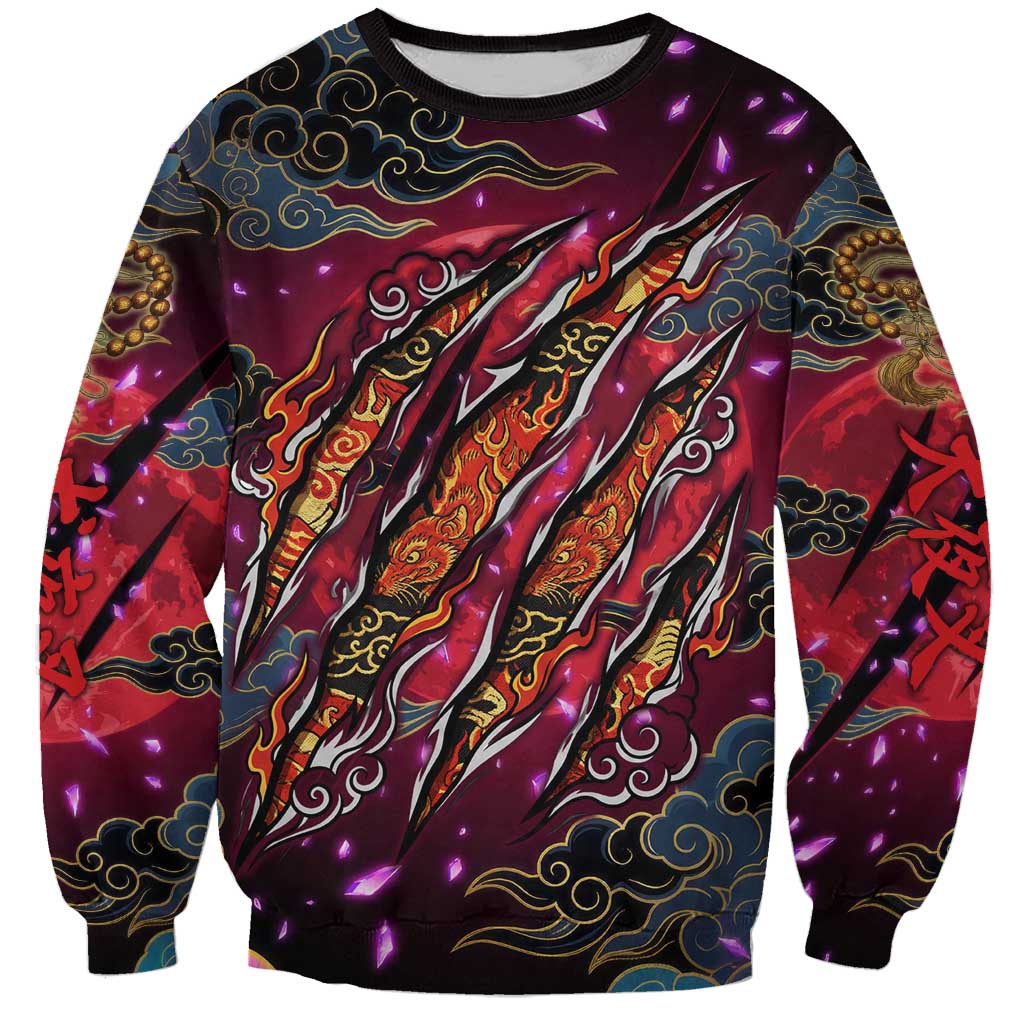 Inuyasha Demon Slayer Warrior Sweatshirt Japanese Tattoo Art Style with Fiery Claw Marks