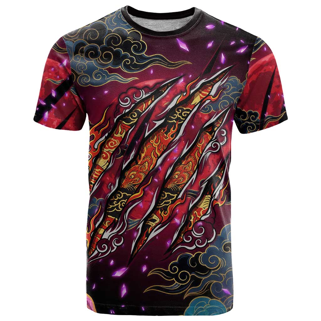 Inuyasha Demon Slayer Warrior T Shirt Japanese Tattoo Art Style with Fiery Claw Marks