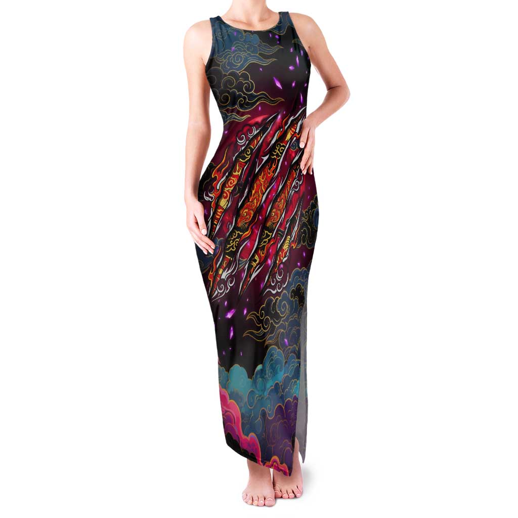 Inuyasha Demon Slayer Warrior Tank Maxi Dress Japanese Tattoo Art Style with Fiery Claw Marks