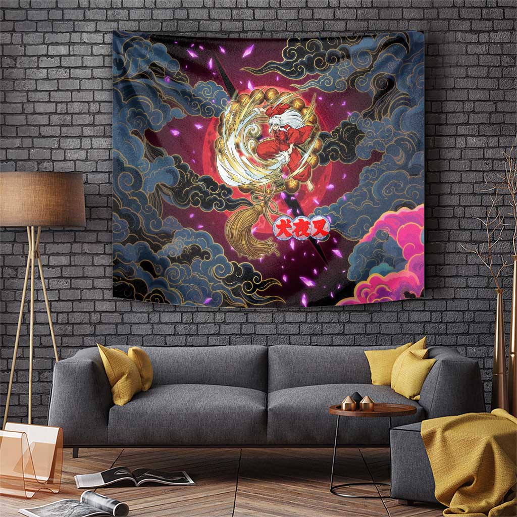 Inuyasha Demon Slayer Warrior Tapestry Japanese Tattoo Art Style with Fiery Claw Marks