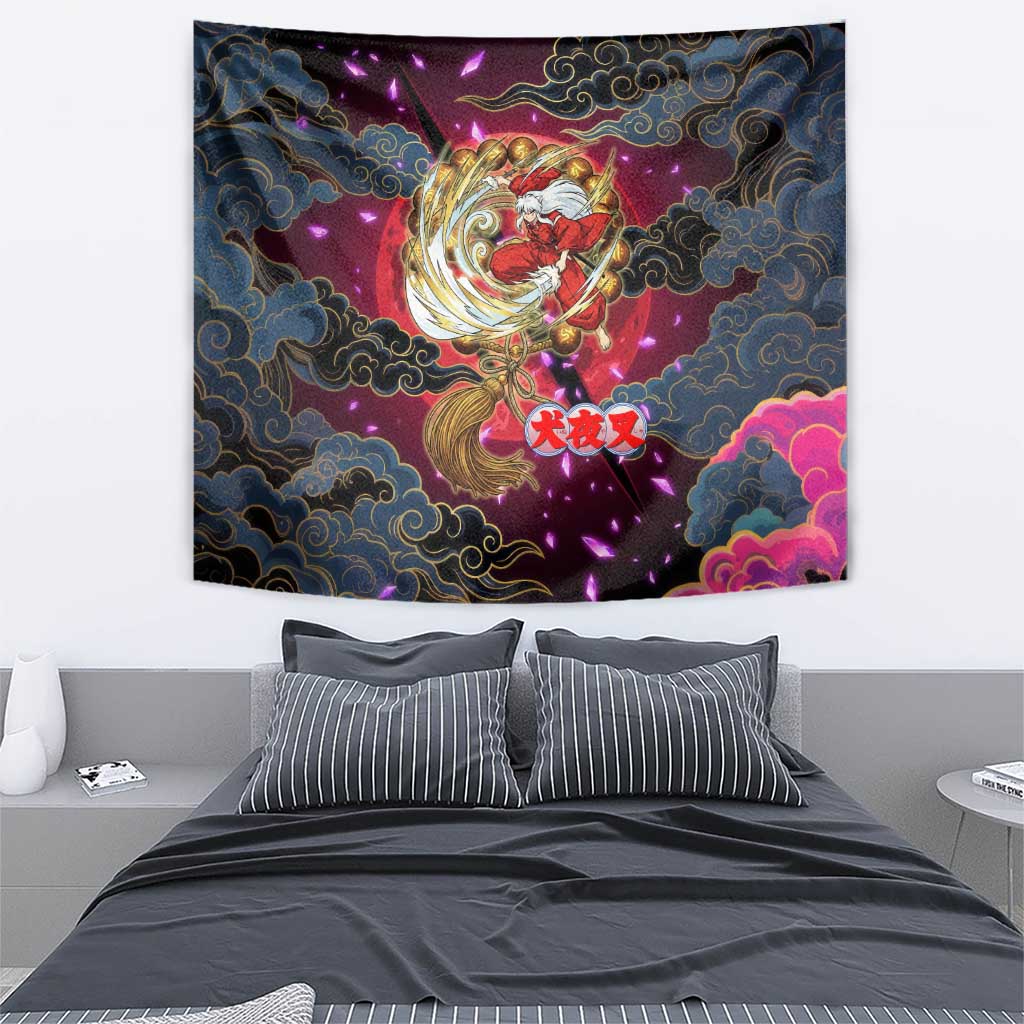 Inuyasha Demon Slayer Warrior Tapestry Japanese Tattoo Art Style with Fiery Claw Marks