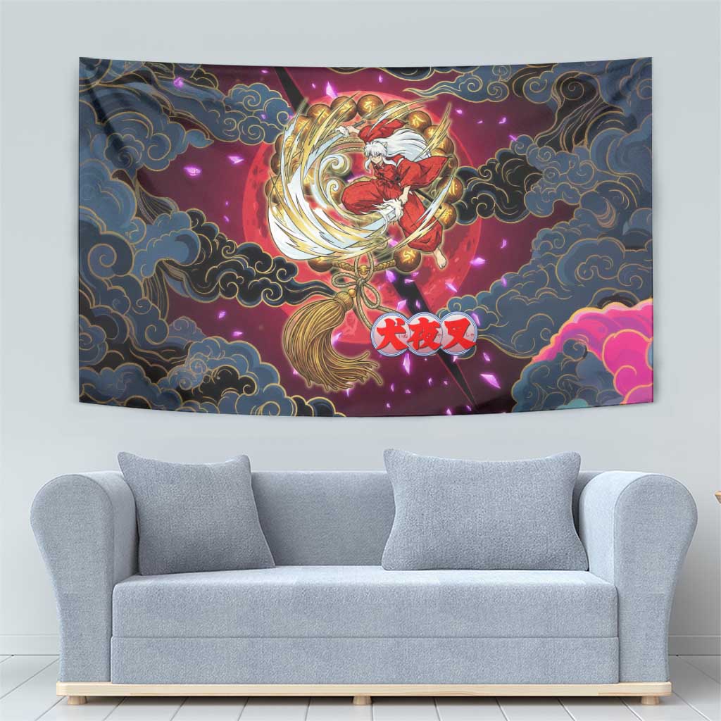 Inuyasha Demon Slayer Warrior Tapestry Japanese Tattoo Art Style with Fiery Claw Marks