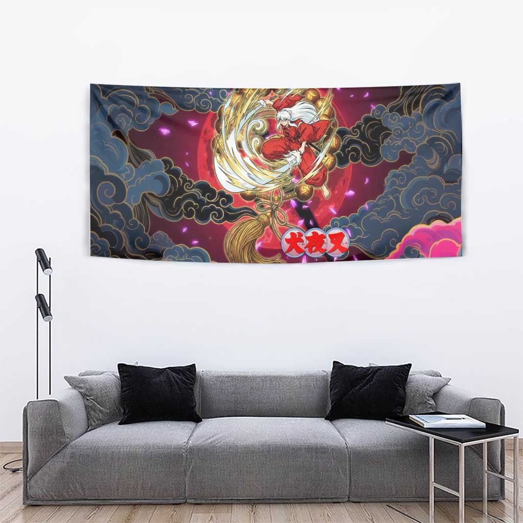 Inuyasha Demon Slayer Warrior Tapestry Japanese Tattoo Art Style with Fiery Claw Marks