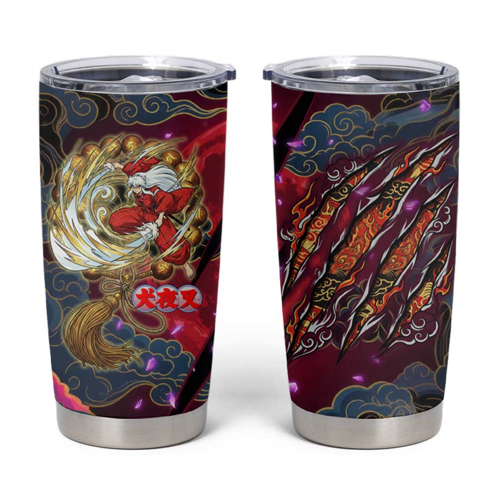 Inuyasha Demon Slayer Warrior Tumbler Cup Japanese Tattoo Art Style with Fiery Claw Marks