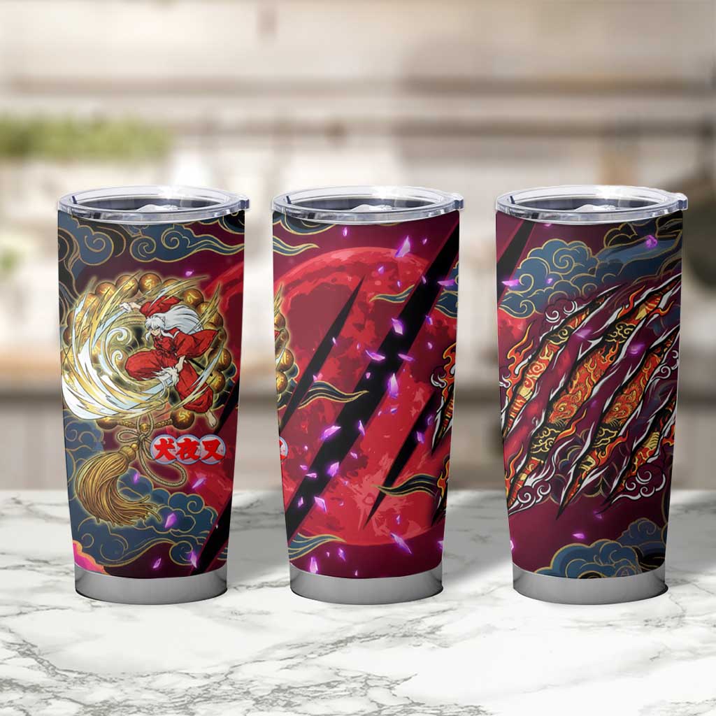 Inuyasha Demon Slayer Warrior Tumbler Cup Japanese Tattoo Art Style with Fiery Claw Marks