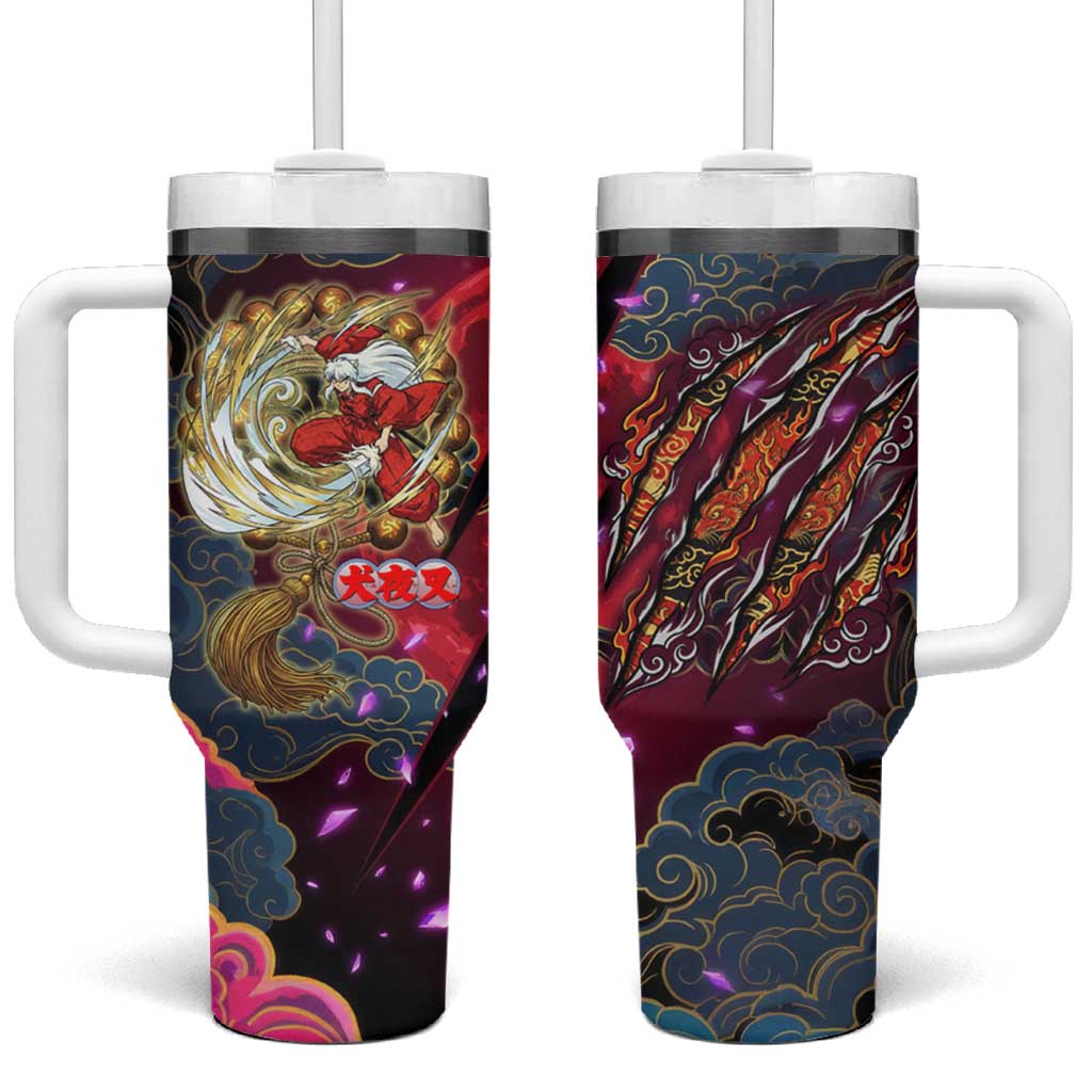 Inuyasha Demon Slayer Warrior Tumbler With Handle Japanese Tattoo Art Style with Fiery Claw Marks