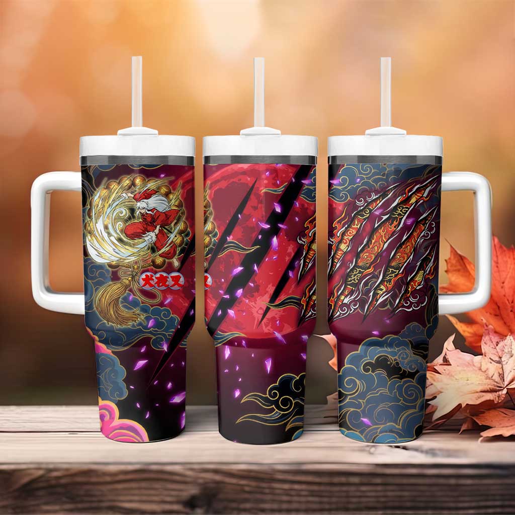 Inuyasha Demon Slayer Warrior Tumbler With Handle Japanese Tattoo Art Style with Fiery Claw Marks