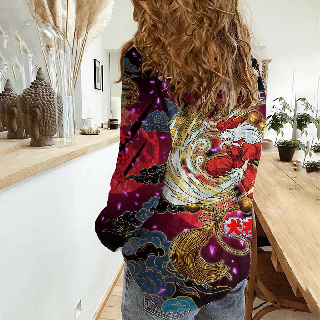 Inuyasha Demon Slayer Warrior Women Casual Shirt Japanese Tattoo Art Style with Fiery Claw Marks