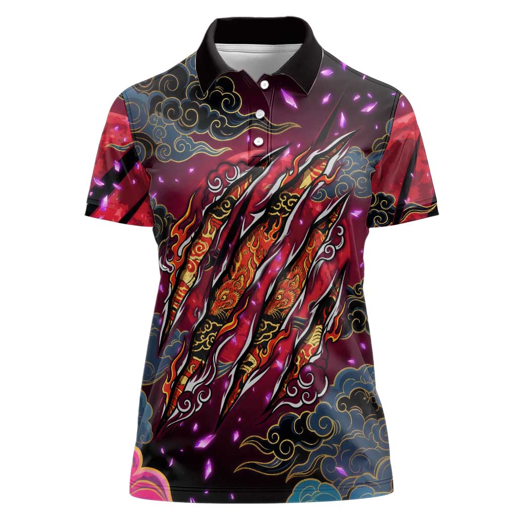Inuyasha Demon Slayer Warrior Women Polo Shirt Japanese Tattoo Art Style with Fiery Claw Marks