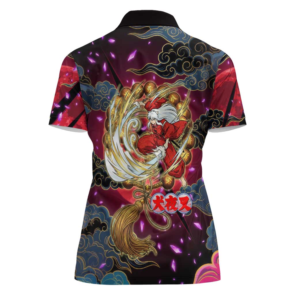 Inuyasha Demon Slayer Warrior Women Polo Shirt Japanese Tattoo Art Style with Fiery Claw Marks