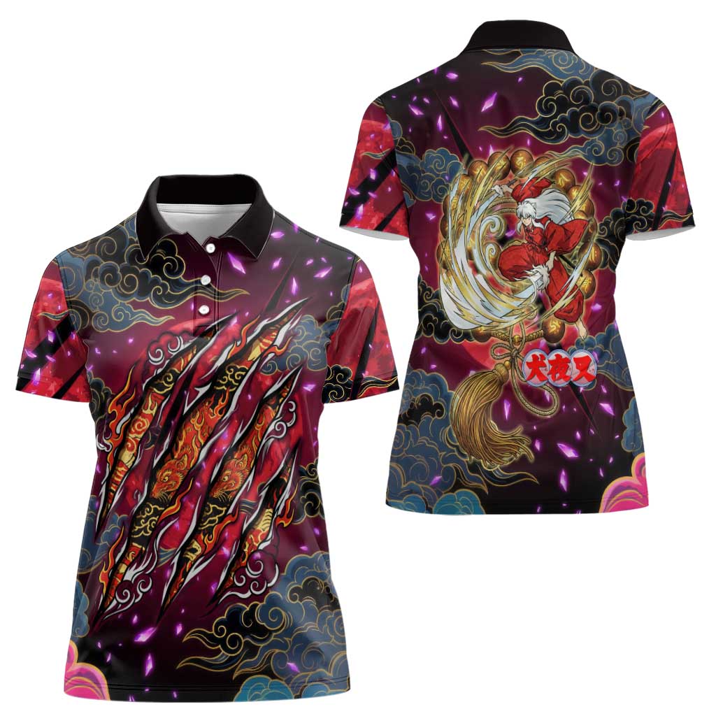 Inuyasha Demon Slayer Warrior Women Polo Shirt Japanese Tattoo Art Style with Fiery Claw Marks