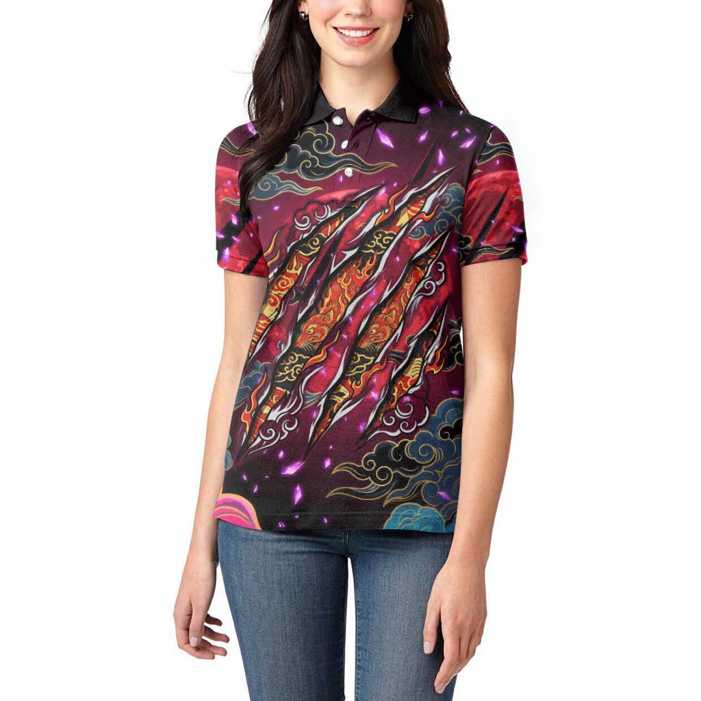 Inuyasha Demon Slayer Warrior Women Polo Shirt Japanese Tattoo Art Style with Fiery Claw Marks