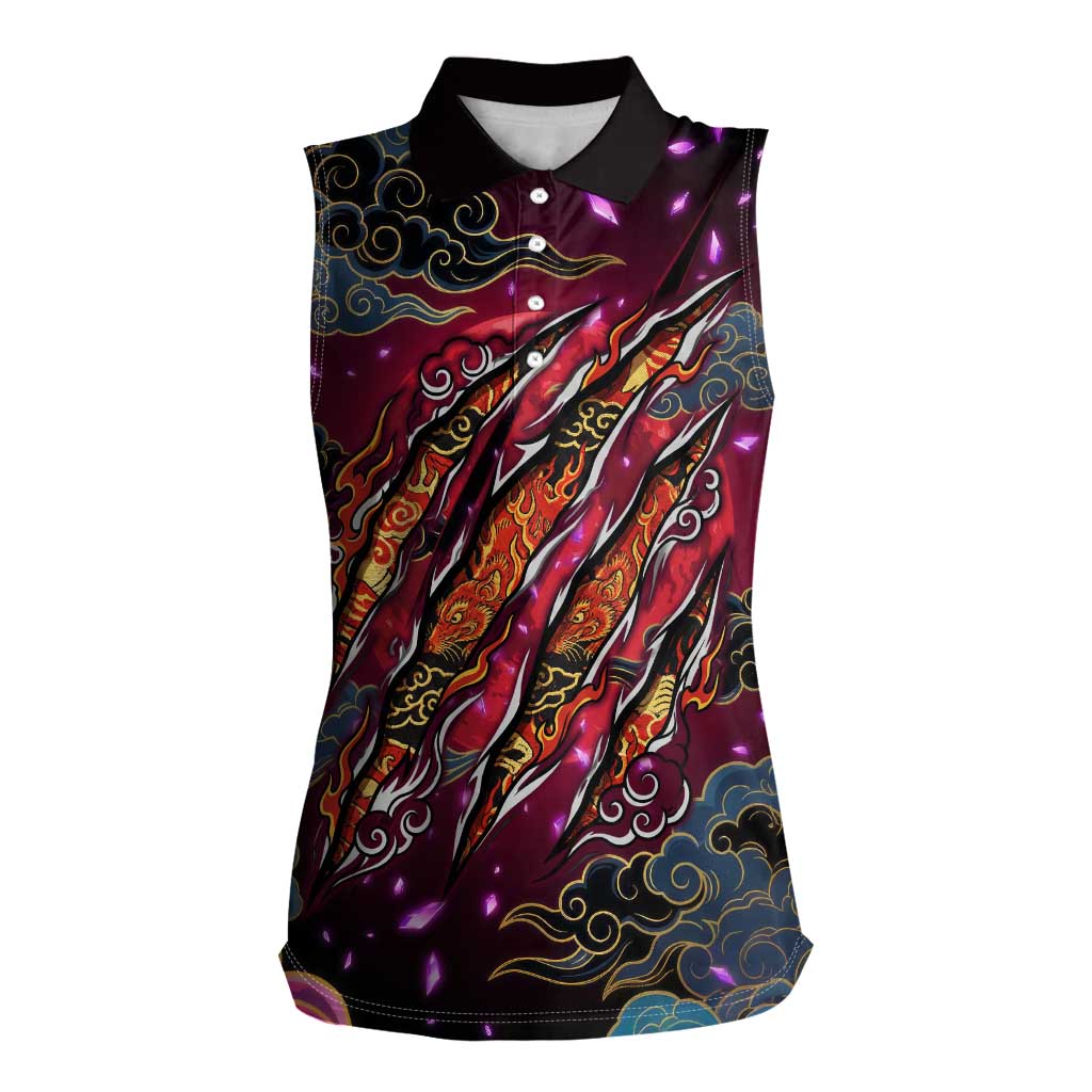 Inuyasha Demon Slayer Warrior Women Sleeveless Polo Shirt Japanese Tattoo Art Style with Fiery Claw Marks