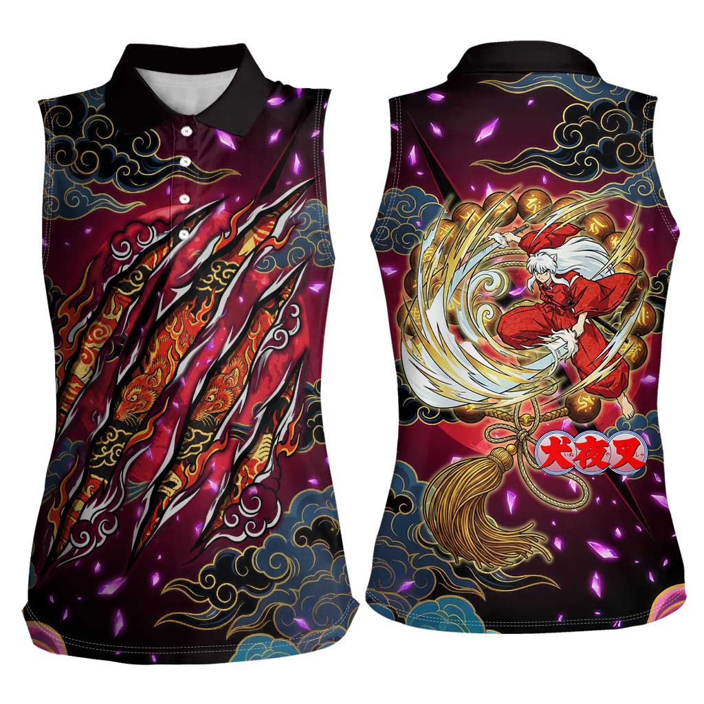 Inuyasha Demon Slayer Warrior Women Sleeveless Polo Shirt Japanese Tattoo Art Style with Fiery Claw Marks