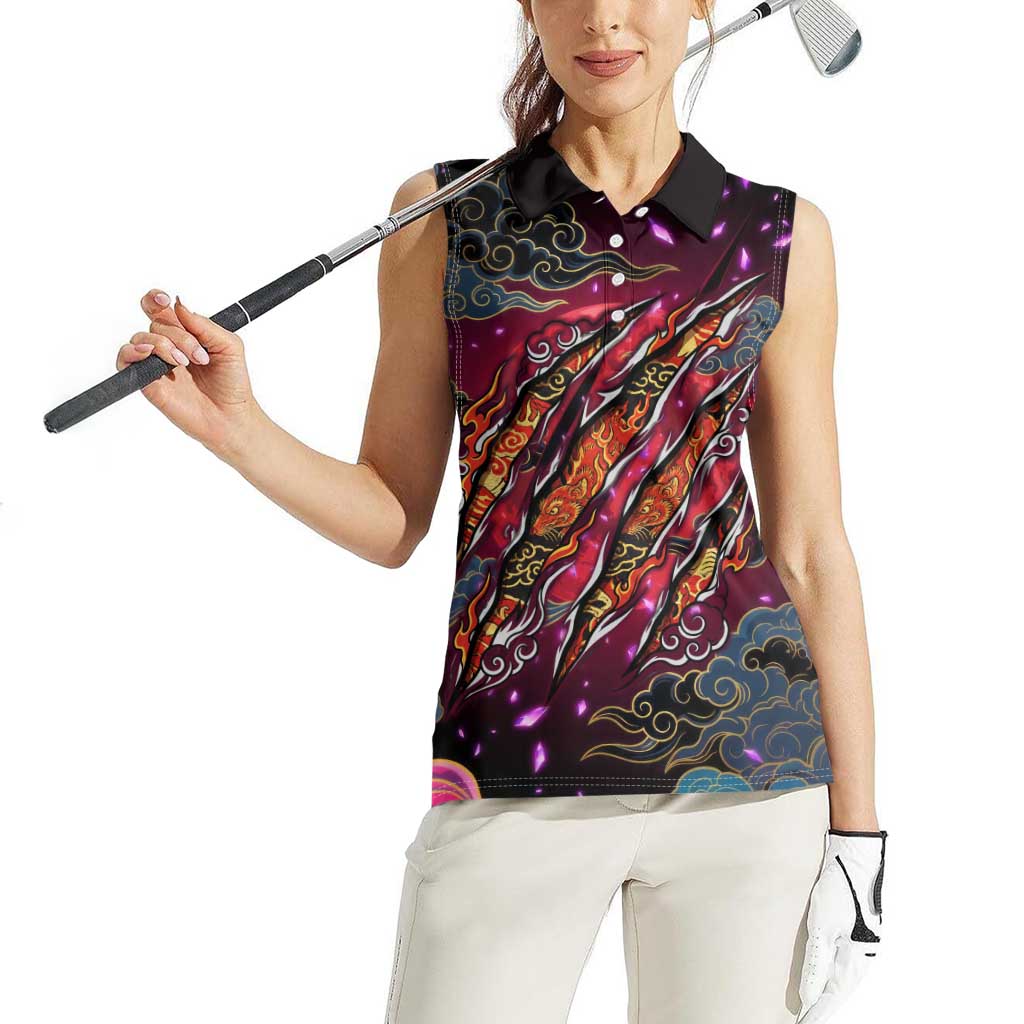 Inuyasha Demon Slayer Warrior Women Sleeveless Polo Shirt Japanese Tattoo Art Style with Fiery Claw Marks