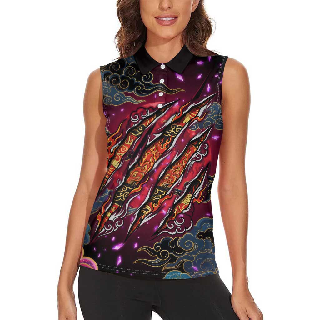 Inuyasha Demon Slayer Warrior Women Sleeveless Polo Shirt Japanese Tattoo Art Style with Fiery Claw Marks