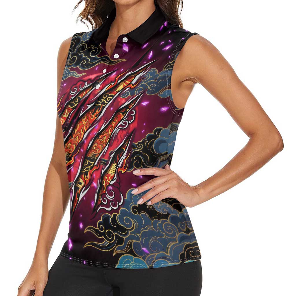 Inuyasha Demon Slayer Warrior Women Sleeveless Polo Shirt Japanese Tattoo Art Style with Fiery Claw Marks