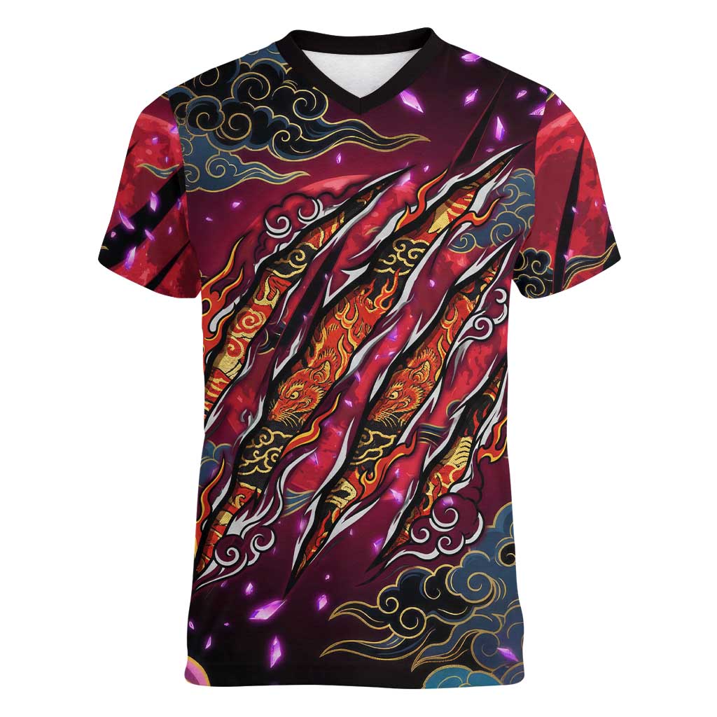 Inuyasha Demon Slayer Warrior Women V-Neck T-Shirt Japanese Tattoo Art Style with Fiery Claw Marks