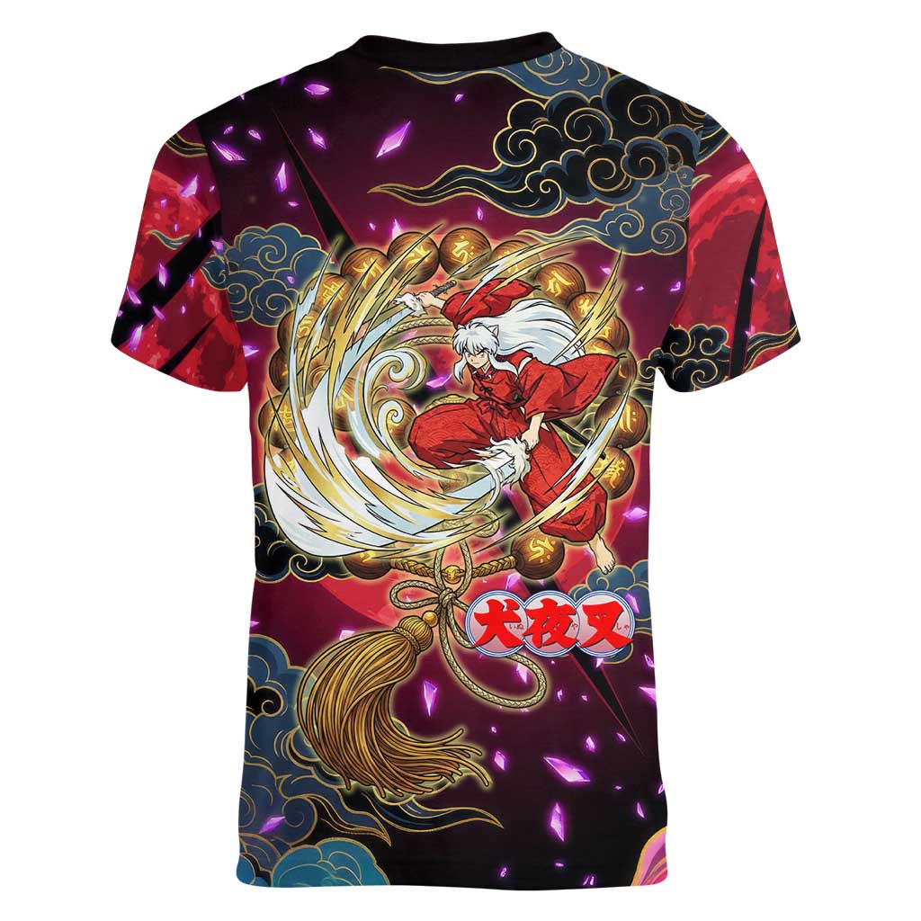 Inuyasha Demon Slayer Warrior Women V-Neck T-Shirt Japanese Tattoo Art Style with Fiery Claw Marks