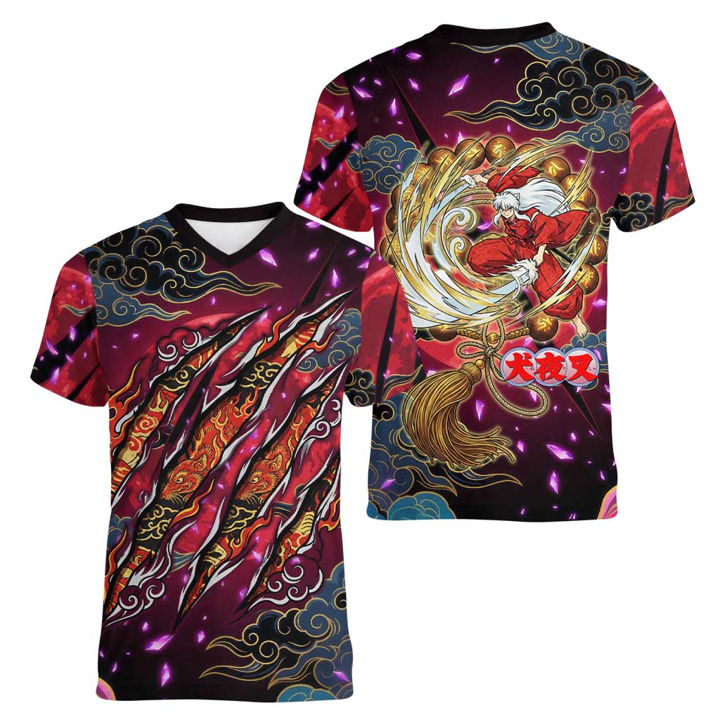 Inuyasha Demon Slayer Warrior Women V-Neck T-Shirt Japanese Tattoo Art Style with Fiery Claw Marks