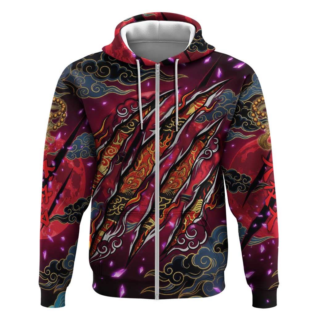 Inuyasha Demon Slayer Warrior Zip Hoodie Japanese Tattoo Art Style with Fiery Claw Marks