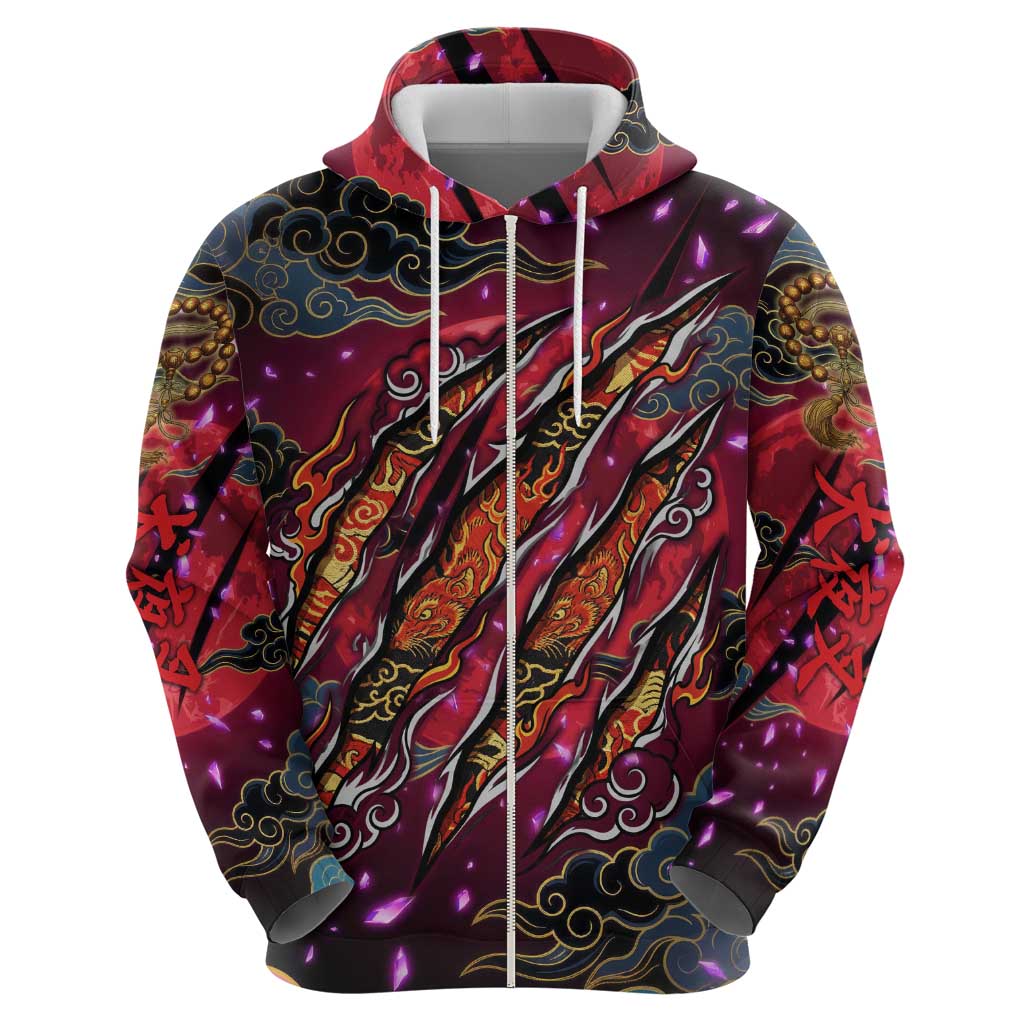 Inuyasha Demon Slayer Warrior Zip Hoodie Japanese Tattoo Art Style with Fiery Claw Marks