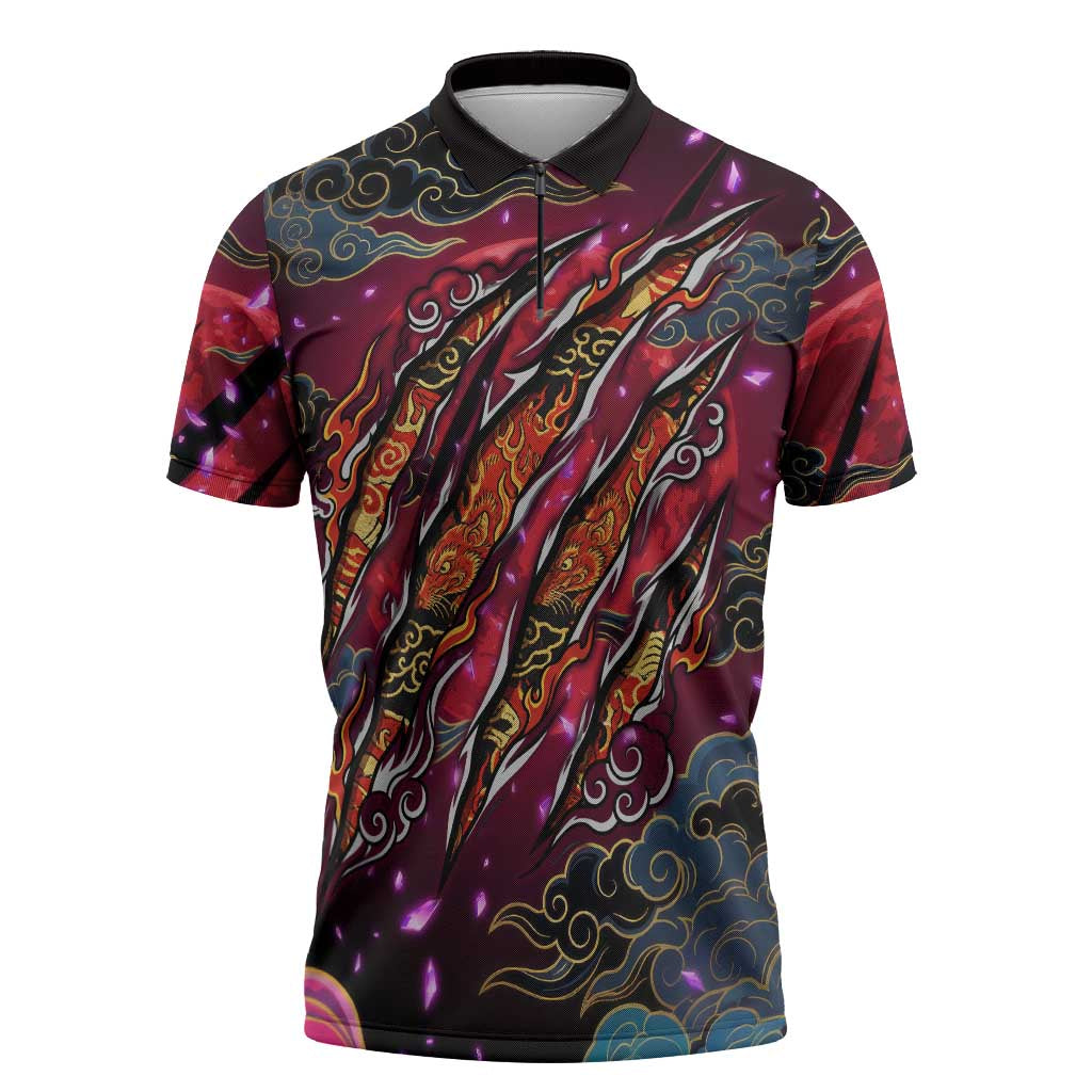 Inuyasha Demon Slayer Warrior Zipper Polo Shirt Japanese Tattoo Art Style with Fiery Claw Marks