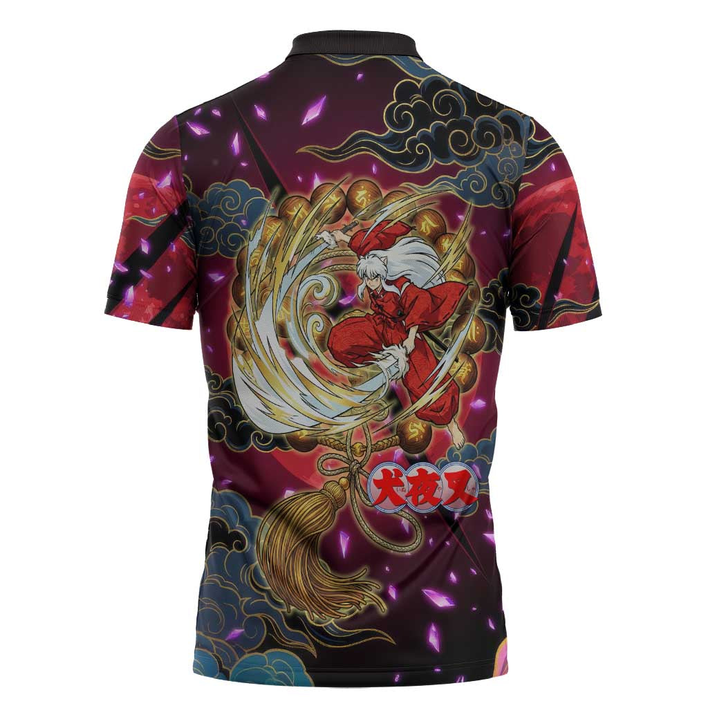 Inuyasha Demon Slayer Warrior Zipper Polo Shirt Japanese Tattoo Art Style with Fiery Claw Marks