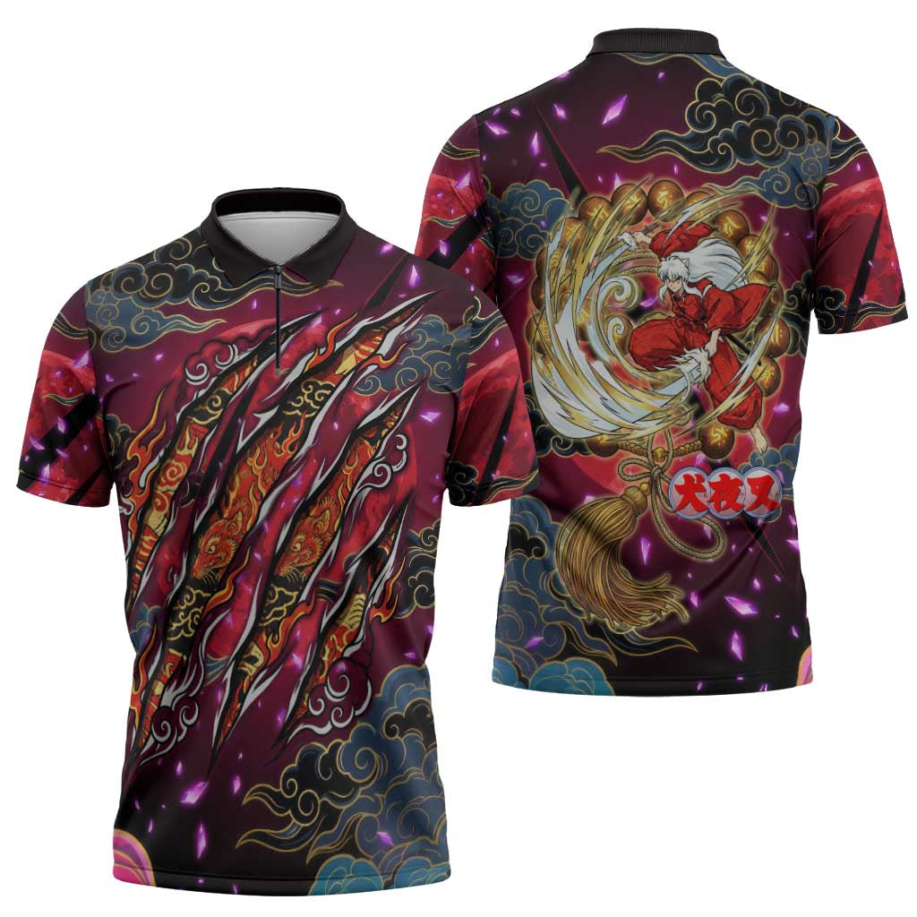 Inuyasha Demon Slayer Warrior Zipper Polo Shirt Japanese Tattoo Art Style with Fiery Claw Marks