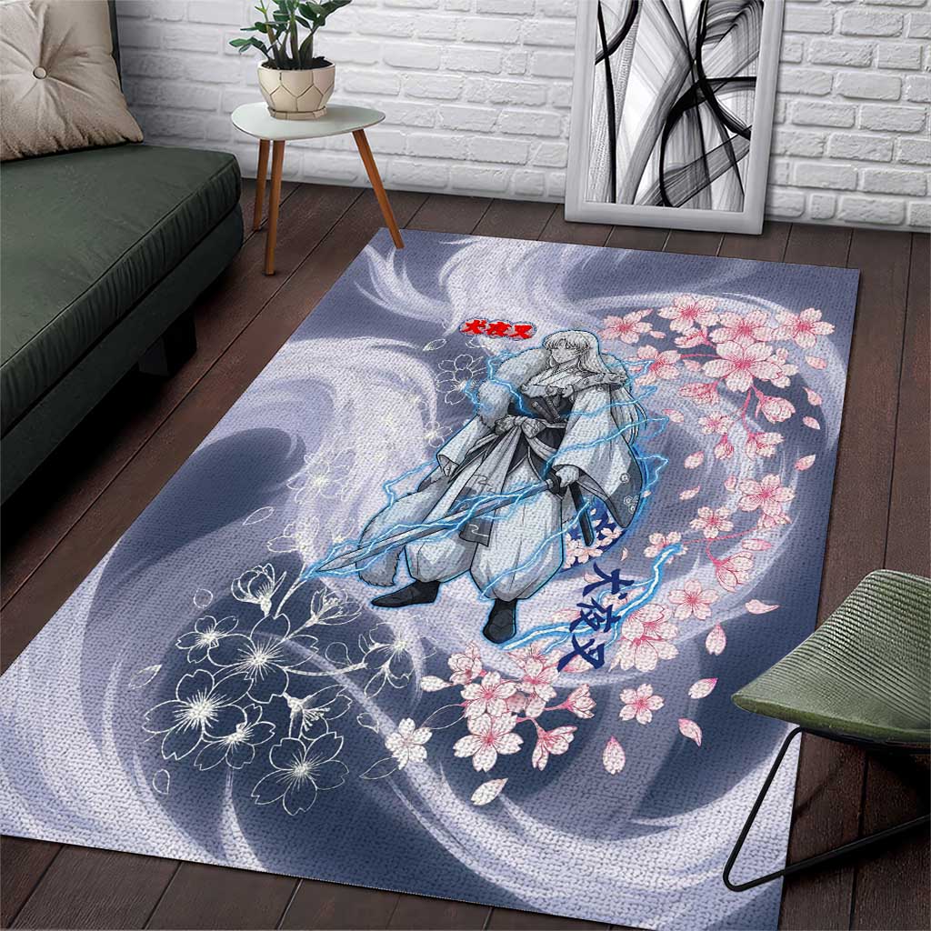 Sesshomaru Inuyasha Series Area Rug Elegant Sakura Storm Style with Crescent Moon Motif