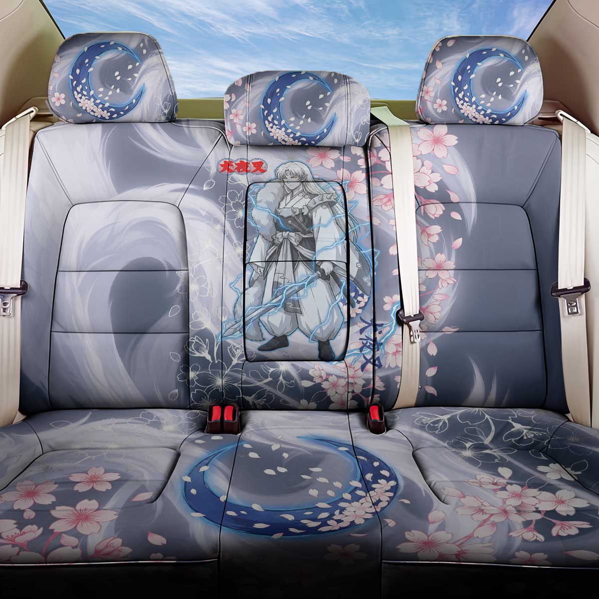 Sesshomaru Inuyasha Series Back Car Seat Cover Elegant Sakura Storm Style with Crescent Moon Motif