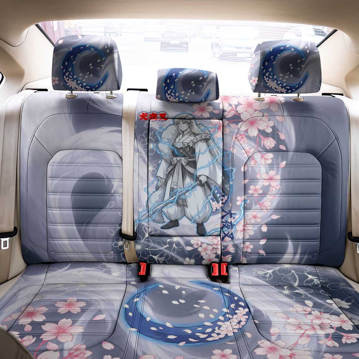 Sesshomaru Inuyasha Series Back Car Seat Cover Elegant Sakura Storm Style with Crescent Moon Motif