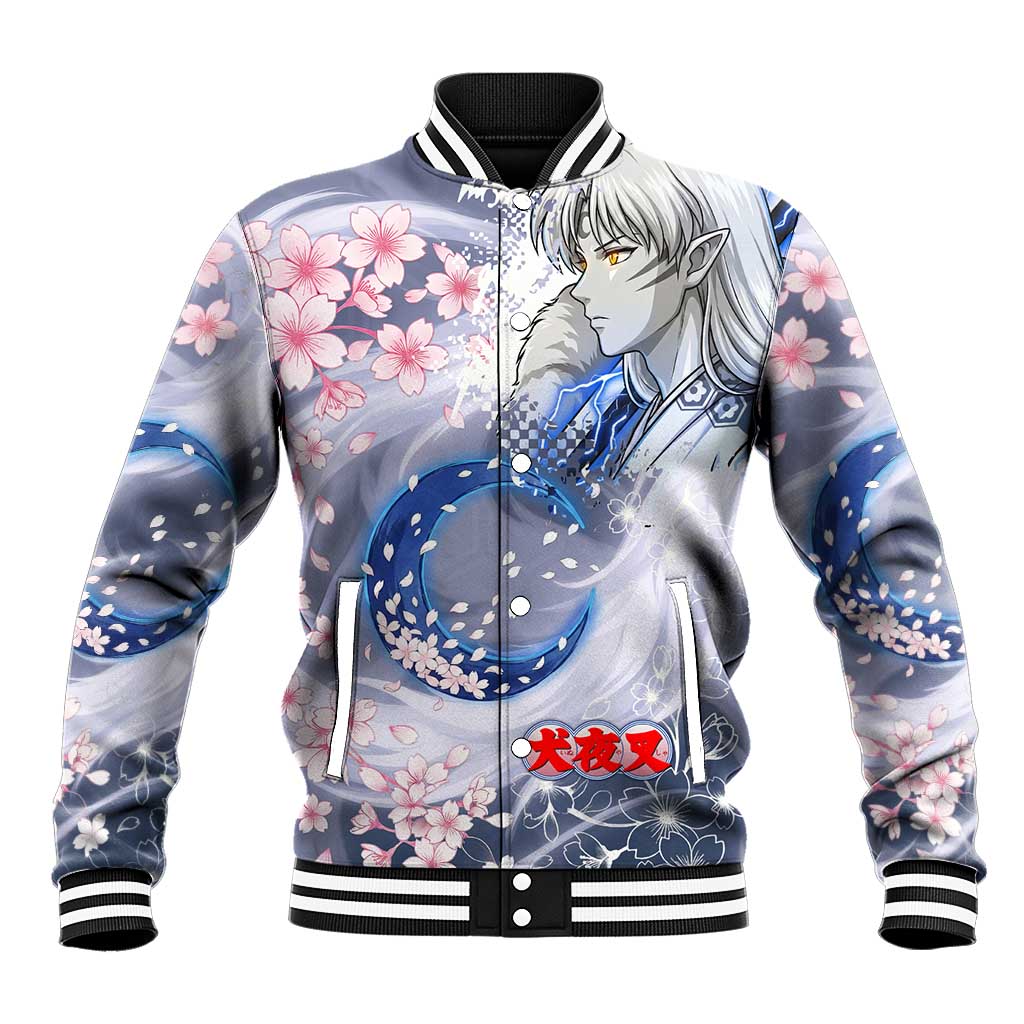 Sesshomaru Inuyasha Series Baseball Jacket Elegant Sakura Storm Style with Crescent Moon Motif