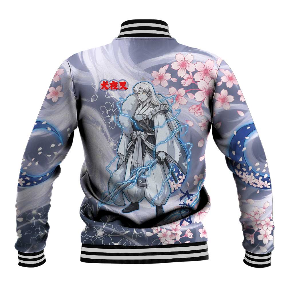 Sesshomaru Inuyasha Series Baseball Jacket Elegant Sakura Storm Style with Crescent Moon Motif