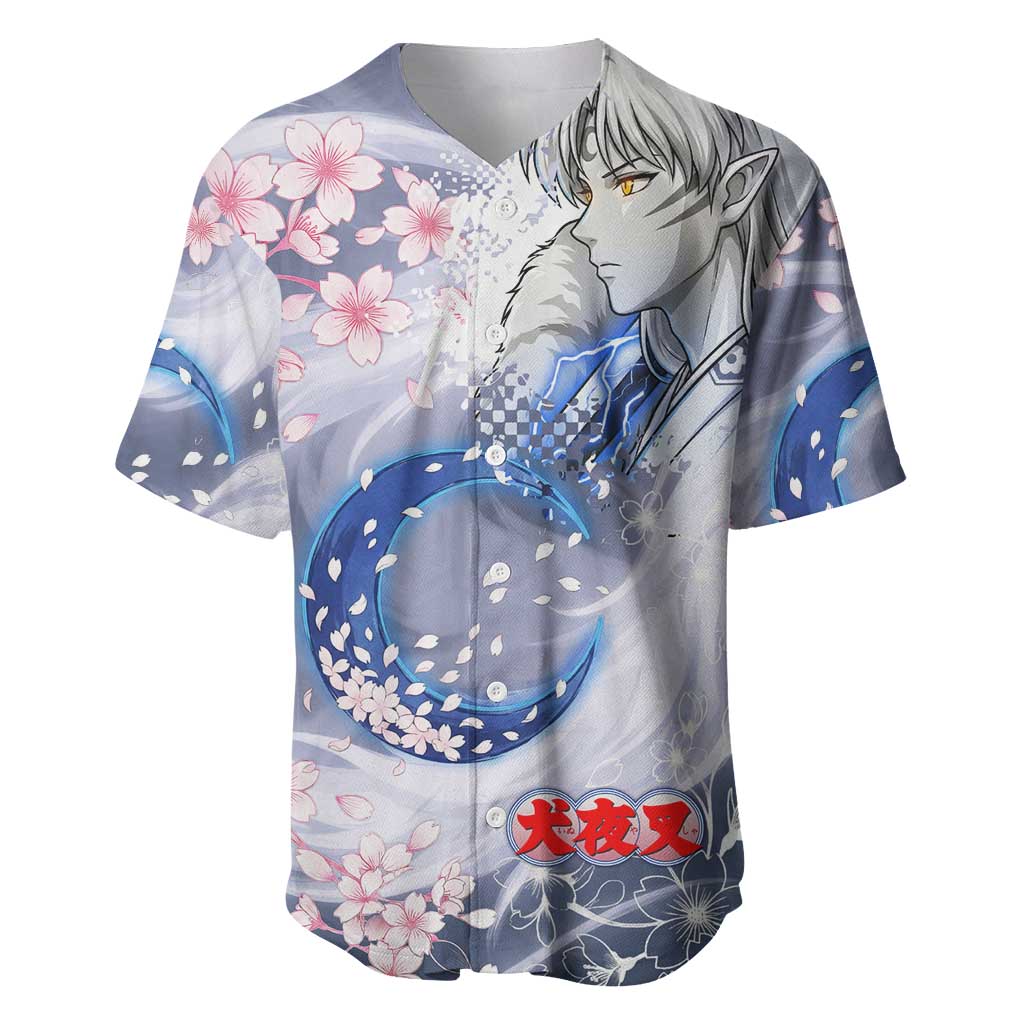 Sesshomaru Inuyasha Series Baseball Jersey Elegant Sakura Storm Style with Crescent Moon Motif