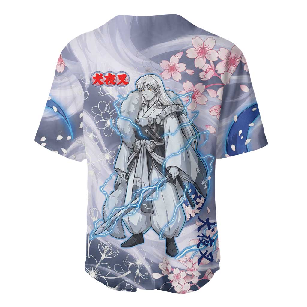 Sesshomaru Inuyasha Series Baseball Jersey Elegant Sakura Storm Style with Crescent Moon Motif