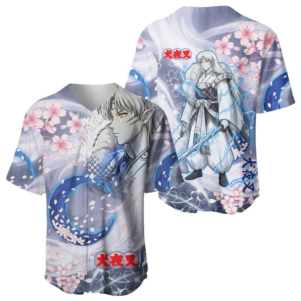 Sesshomaru Inuyasha Series Baseball Jersey Elegant Sakura Storm Style with Crescent Moon Motif