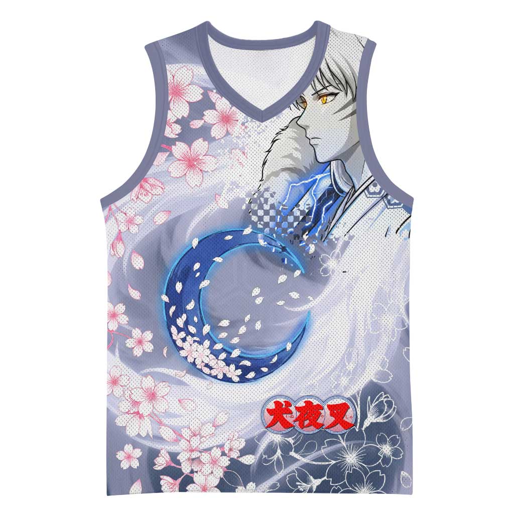 Sesshomaru Inuyasha Series Basketball Jersey Elegant Sakura Storm Style with Crescent Moon Motif