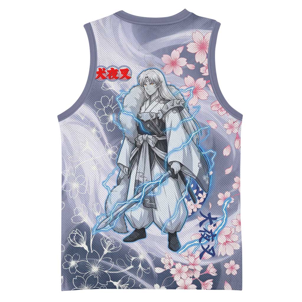 Sesshomaru Inuyasha Series Basketball Jersey Elegant Sakura Storm Style with Crescent Moon Motif